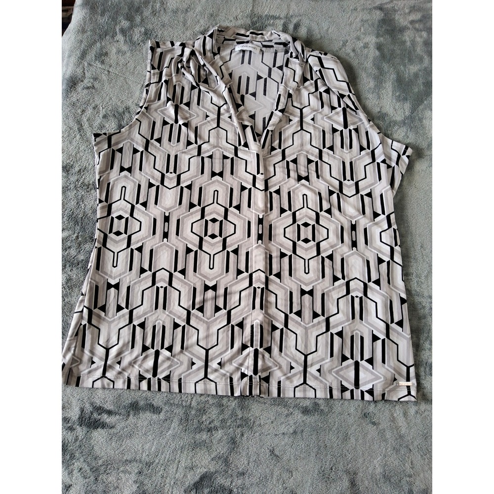 Calvin Klein Womens Sleeveless Geometric Art Deco V-Neck Blouse Black Grey White